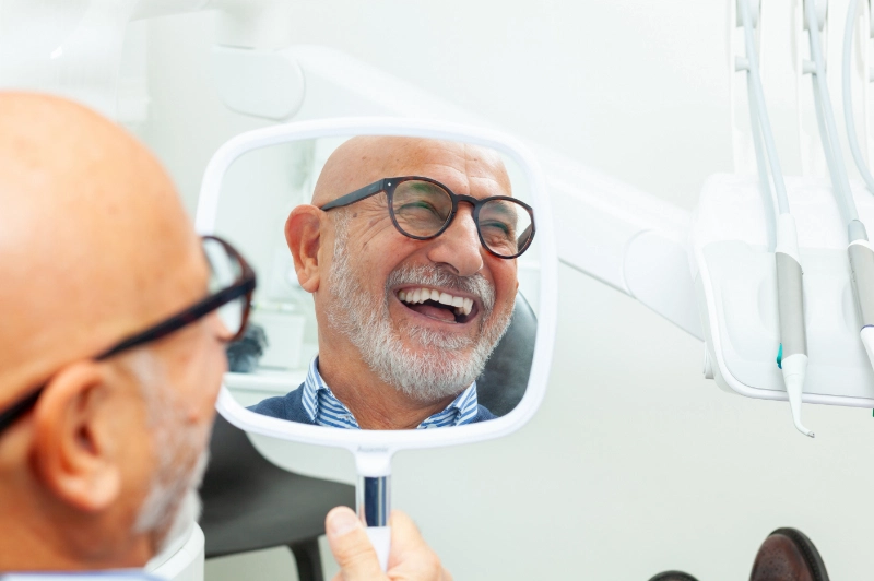A senior man with glasses looking in a handheld mirror and smiling at his new teeth in a dental clinic.