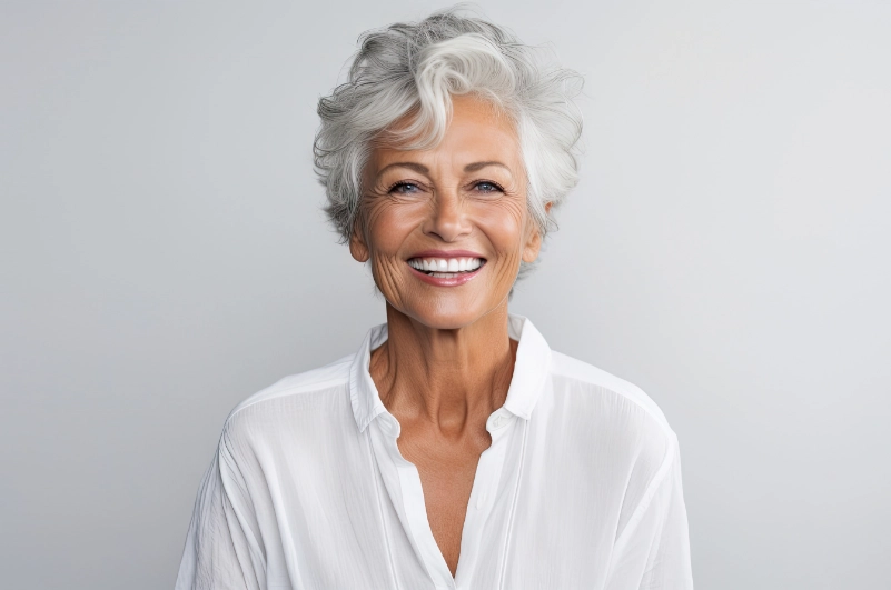 A portrait of a elegant senior woman with short gray hair smiling warmly in a white shirt.